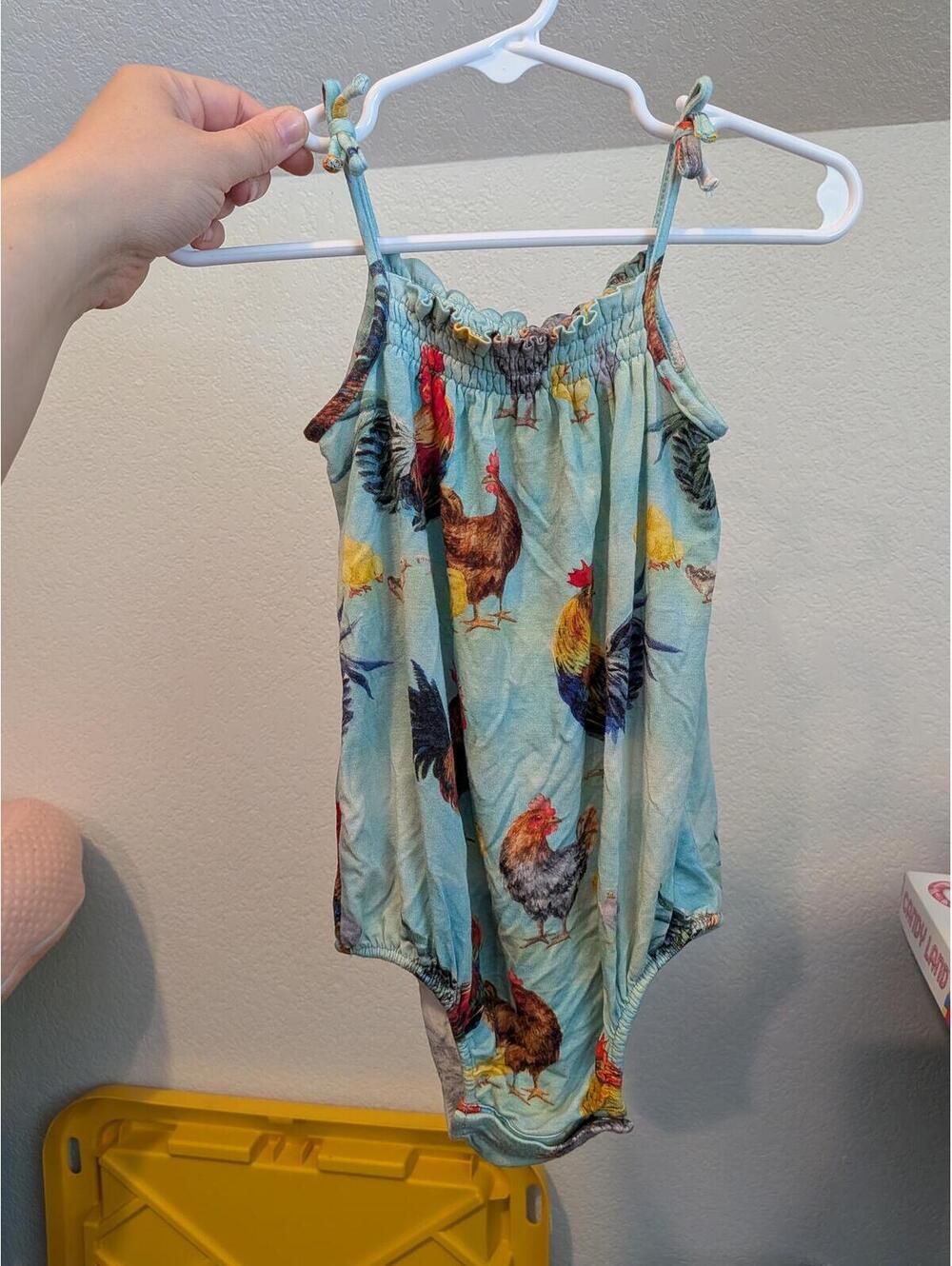 Posh Peanut Bamboo Rooster Print bubble Romper Aqua Blue 12-18 Months